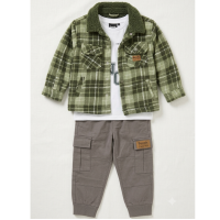 J15602: Boys Bench Sherpa Lined Check Shacket, Top & Cargo Pant Outfit (2-6 Years)